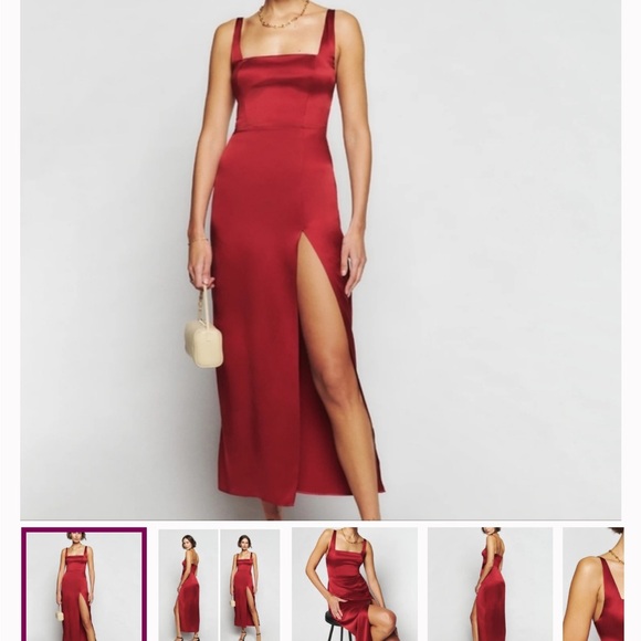 Red silk Reformation Solvang dress in size 6 - midi length with slit. - Picture 4 of 8